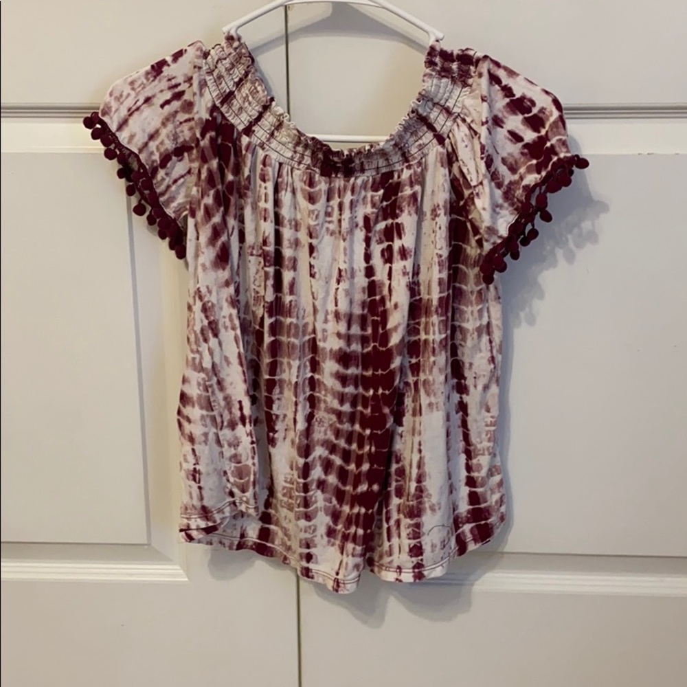 purple and white tie-dye off the shoulder tee